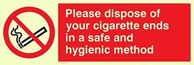 Viking Signs PS19-L62-PV "Please Dispose Of Your Cigarette Ends In A Safe And Hygienic Method" Sign, Sticker, Photoluminescent, 200 mm H x 600 mm W