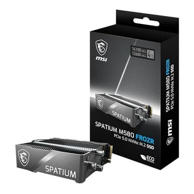 MSI SPATIUM M580 PCIe 5.0 NVMe M.2 4TB FROZR - Disque SSD Interne 4 to avec radiateur, PCIe 5.0 NVMe M.2, Lecture 14100 MB/s & Écriture 12600 MB/s, 3D NAND, Garantie 5 Ans (3000 TBW)