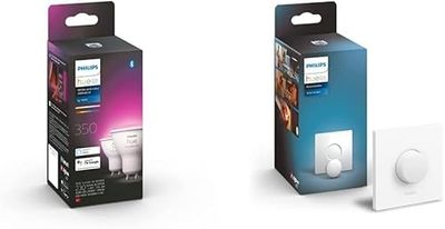 Philips Lighting Hue Bianco e Color Ambiance Faretti LED Connessi, Bluetooth, Dimmerabile, GU10, 4.3 W, 2 Pezzi+ Hue Smart Button, Telecomando Controllo Smart Hue, Bluetooth, Bianco