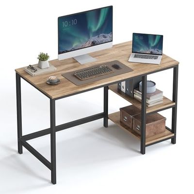 VASAGLE Bureau avec Rangement, Table d’Ordinateur, avec 2 Étagères Réversibles, Poste de Travail, pour Télétravail, Salon, Cadre en Acier, Style Industriel, Marron Camel et Noir d'encre LWD047K01
