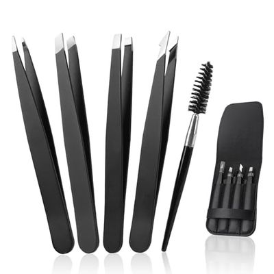 Alyvisun 5Pcs Pinzetta Sopracciglia Professionale, Portatile Acciaio Inossidabile Pinzette Sopracciglia, Rivestimento Antiscivolo Strutturato, per Capelli Facciali Rimuovere(Nero)