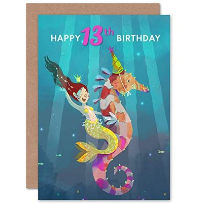 Wee Blue Coo Mermaid Seahorse Birthday 13th Greetings Card