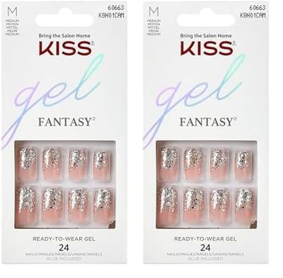 KISS Gel Fantasy Collection Glue-On Manicure Kit, Fanciful, Medium Length Square Fake Nails Includes 24 False Nails, Nail Glue, Nail File, and Manicure Stick (Pack of 2)