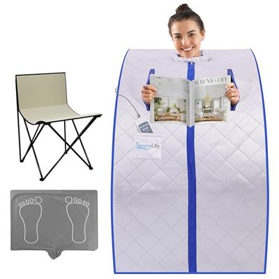 SereneLife Portable Sauna for Home, Infrared Sauna Tent with Heated Foot Pad and Folding Chair, Compact Personal Detox Sauna, Remote Control In-Home Spa, 40" x 33" - inch (Silver)