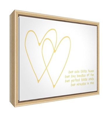 Feel Good Art Eco-bedrukt en ingelijst kwekerijcanvas met massief houten frame (34 x 24 x 3 cm, klein, geel, tien vingers en tien tenen/tweelingen)