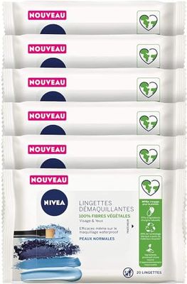 NIVEA Lingettes démaquillantes Fraîcheur Peaux Normales 100% fibres végétales (6 x 20 pcs), démaquillant visage, yeux & lèvres, lingettes nettoyantes au lotus sacré – 120 pièces