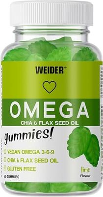 Weider - Omega Gummies, Gominolas de Ácidos Grasos Omega 3-6-9, 100 Percentage Vegetal con Semillas de Chía y Lino, Sin Azúcares y Sin Gluten, Apta para Veganos, Sabor Lima - Bote de 50 gominolas