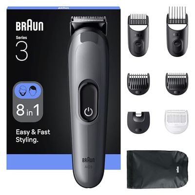 Braun Kit De Rasage Tout-En-Un Series 3, 8-En-1, Lame Ultra-Affûtée, 14 Longueurs, Coupe Précise Pour Visage Et Cheveux, Autonomie De 50 Min, Style Facile Et Rapide, AIO3540, Gris