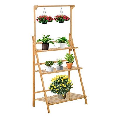 Outsunny Blomtrappa av trä växtstativ steghylla justerbar hänghöjd blomstativ hängande bambu natur inomhus utomhus 70 x 40 x 143 cm