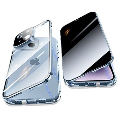 Jonwelsy Anti Peeping Cover per iPhone 14, 360 Gradi Protezione Case, Privacy Vetro Temperato Anti Spy Custodia, Adsorbimento Magnetico Bumper Metallo Frame per iPhone 14 (6,1") (Blu)