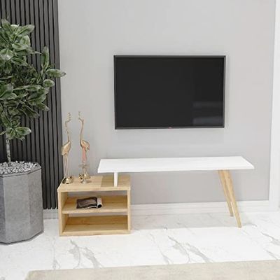 HOMEMANIA Mobile Porta TV Gold - Moderno - con Ripiani, Mensole - da Soggiorno - Bianco, Rovere in Legno, 125,2 x 29,5 x 42,8 cm