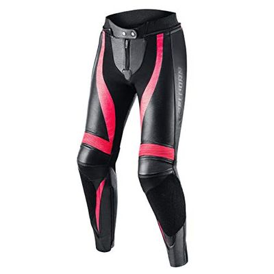 REBELHORN Rebel Lady Leren motorbroek voor vrouwen, knie- en heupbeschermers, kevlar-versterkingen, ventilatie, elastische panelen, zwart/roze, 36