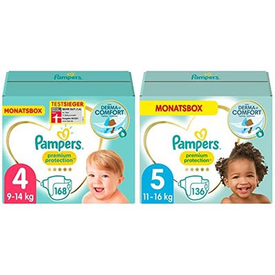 Pampers Couches Taille 4 (9-14 kg), Premium Protection, 168 Couches Bébé, Pack 1 Mois, Notre N°1 & Couches Taille 5 (11-16 kg), Premium Protection, 136 Couches Bébé, Pack 1 Mois, Notre N°1