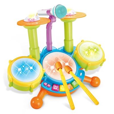 Drumstel voor kinderen, babyspeelgoed vanaf 1-3, muziekinstrumenten voor kinderen vanaf 1 jaar, trommel voor kinderen, met 2 trommelstokken, Beats Flash Light en microfoon, verjaardagscadeau voor