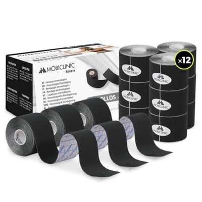 Mobiclinic®, Confezione da 12 Rotoli di Kinesiotape, Fascia Neuromuscolare Adesiva, 5 m x cm, Tape Sportivo, Alleviamento del Dolore Muscolare, Bendaggio Kinesiologico (Nero)