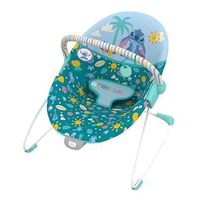 Bright Starts, Disney Stitch Transat vibrant bébé Ohana Paradise, Barre de jeux amovible, 2 jouets inclus, pour 0-6 mois