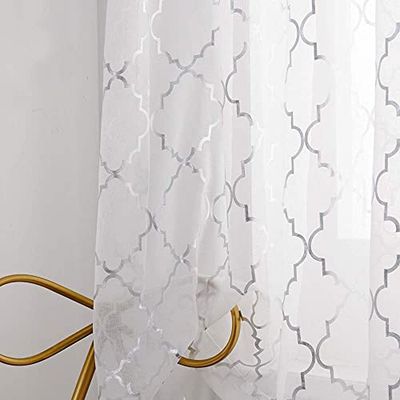 YJ YANJUN Witzilveren Keukengordijnen 114 cm Lengte Metallic Print Korte Gordijnen Voor Klein Raam Pure Gordijnen Set Van 2 Panelen 132 B x 114 cm (L x B), Wit/Zilver