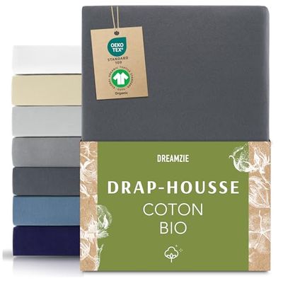 Dreamzie Drap Housse 80x200 cm, Jersey 100% Coton Bio, Hauteur De Matelas Jusqu'à 22 cm, Hypoallergénique, Oeko-Tex, Gris foncé
