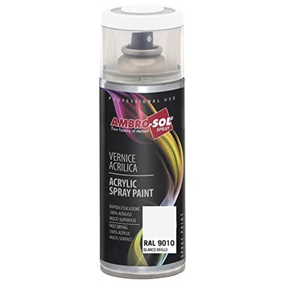 AMBRO-SOL - Tinta acrílica em spray, cor branca brilho 1, RAL 9010, resultado profissional em várias superfícies, exteriores e interiores, 400 ml, a embalagem pode variar