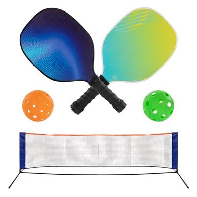 Idena 40253 – Pickleball set med 2 paddleracketar, nät med stativ (302 x 80 cm), inomhusboll och utomhusboll
