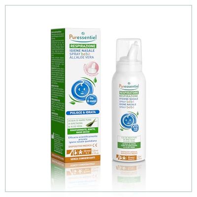 Puressentiel Respiratoire – Spray Hygiène Nasale Bébé – Nettoyage du Nez en douceur – Spray Isotonique 100 pourcent naturel – Eau de mer de Bretagne & Aloe Vera Bio – Dispositif médical – 120ml