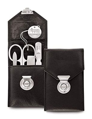 Nippes Solingen Nippes Premium Line Manicure Set Locks 4-Piece Stainless Steel Rust and Nickel Genuine Cowhide Leather Case with Lock Black