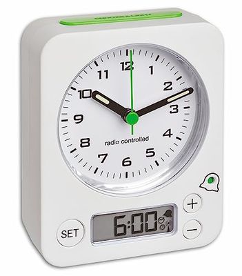 TFA Dostmann 60.1511 Combo Despertador sem fios com hora analógica e alarme digital, ultra silencioso e preciso, cor branca e verde, 9 x 4 x 11,5 cm, plástico