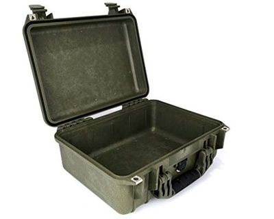 PELI 1450 Protective Case for Camera and Sensitive Equipment, IP67 Watertight, 31L Capacity, Made in Germany, No Foam, OD Green