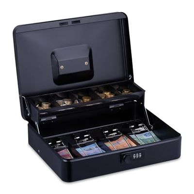 Relaxdays Caja Dinero, Combinación 3 Números, Bandeja para Monedas y 4 Espacios para Billetes, Cajita Efectivo, Negro, 8,5 x 30,5 x 24,5 cm