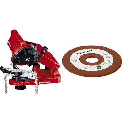 Einhell Kettingslijper GC-CS 85 E (85 W, 5500 min-1, slijphoekverstelling w. schaal, kettingspanner), Rood & Einhell 4500076 Schijf voor het slijpen van kettingzaagketting, (3,2 mm), Bruin