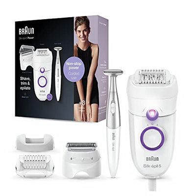 Braun Silk-épil 5-825 Power, elektrische epilator voor dames, zachte ontharing, ononderbroken energie met kabel, razerkop en trimkap, bikinizone, wit/violet