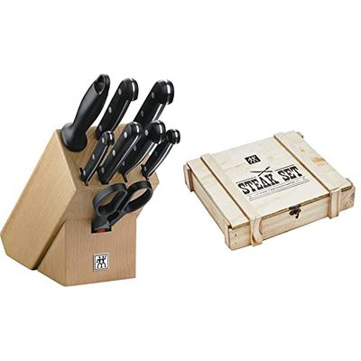 ZWILLING Bloque de cuchillos, 9 piezas, Bloque de madera + Juego de cubiertos para bistec para 6 personas, 12 piezas, 6 cuchillos para bistec y 6 tenedores para bistec