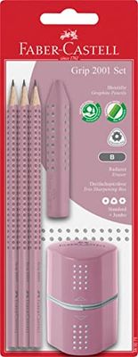 Faber-Castell Grip 2001 580073 Pencil Set Three Pencils Hardness B with Eraser and Sharpener Rose Shadows, pink