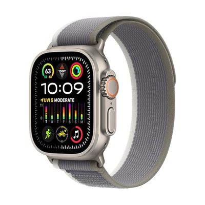 Apple Watch Ultra 2 (GPS + Cellular 49 mm) Smartwatch - Robuuste kast van titanium - Groen/grijs Trail‑bandje M/L. Conditie bijhouden, nauwkeurige gps, extra lange batterijduur, CO₂-neutraal