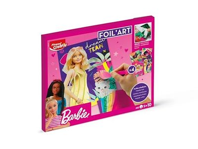 MAPED Creativ - Foil'Art Barbie - Activité Foil'art pour Enfants - 4 Cartes Barbie à décorer Grace aux 8 Feuilles métallisées - Dès 5 Ans, Rose