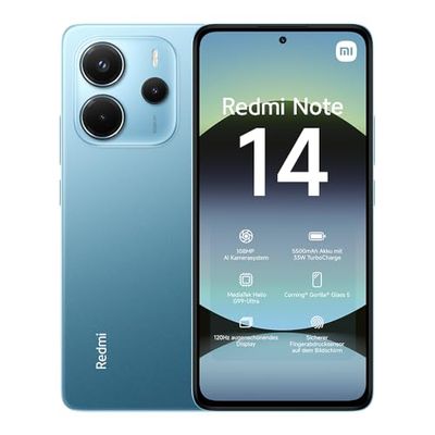 Xiaomi Redmi Note 14 smartphone, 8+256GB, blue, 108MP AI camera system, 5500mAh battery, 120Hz eye-care display, AI features (no charger included), 2 year Warranty