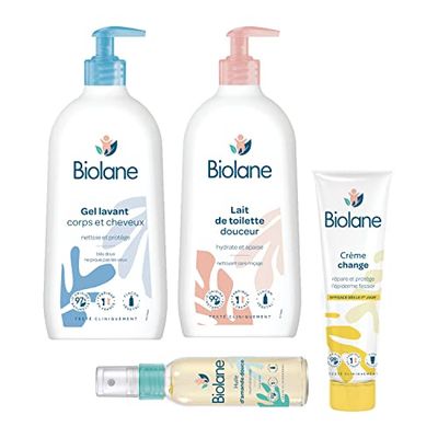 BIOLANE - Kit Toilette et Soins - Bébé - Gel Lavant - Lait de toilette - Crème change - Huile amande douce - Peaux sensibles - Dès la naissance - Fabriqué en France