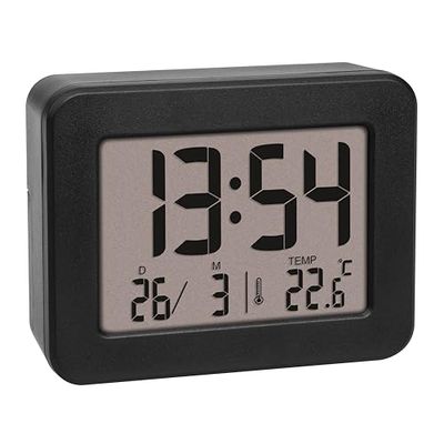 TFA Dostmann Mini Despertador Digital 60.2044.01, Funciona con Pilas, con Alarma Fuerte, Temperatura Interior, Fecha, Reloj de Cuarzo, Despertador de Viaje, Color Negro