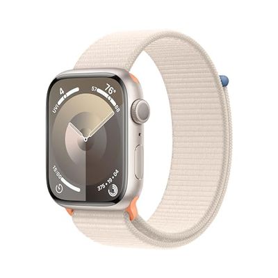 Apple Watch Series 9 (GPS 45 mm) Smartwatch - Kast van sterrenlicht aluminium - Sterrenlicht geweven sportbandje. Conditie bijhouden, Saturatie-app en Ecg-app, Always-on Retina-display, CO₂- neutraal