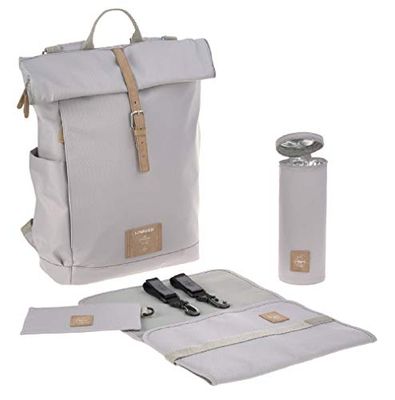 LÄSSIG skötryggsäck med skötmatta, barnvagnsfäste, flaskvärmare vattenavvisande hållbart producerad/Rolltop ryggsäck grå
