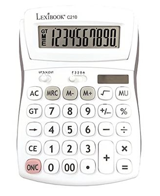 Lexibook, Calculatrice de Bureau 10 Chiffres avec Écran Inclinable, Fonctions Basiques, mémoire et Arrondi, Larges Touches pour Travail, Scolaire, Maison, Solaire & Piles, Blanche/Grise, C210