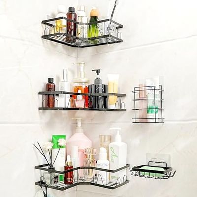 KOOSREEL Pack of 5 Shower Shelves No Drilling Corner, Shower Shelf for the Room, Shampoo Gel Holder, Shower Shelf with Hooks, Self-Adhesive Shower Shelf, Black
