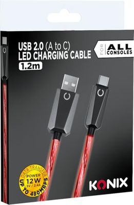 Konix Kabel USB-2.0 typu A do typu C do PS5, Switch 2 i Xbox Series X|S - szybkie ładowanie do 12 W - długość 1,2 m - czerwone światło LED