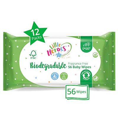 Little Heroes Biodegradable Baby Wipes, Wet Wipes For Sensitive Skin, Fragrance Free (12 Packs X 56 Wipes Totaling 672 Wipes)