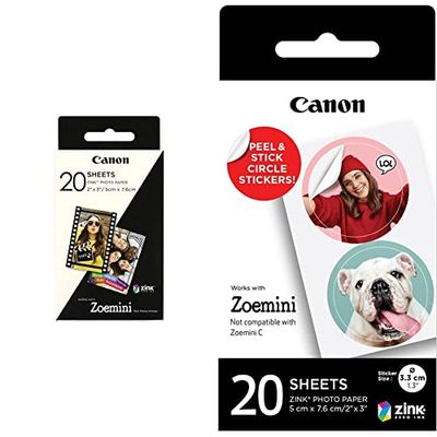 Canon Zink Paper ZP-2030-50 Pack de 20 feuilles papier photo autocollant 5 x 7,6 cm pour imprimante Canon Zoemini, Zoemini C, Zoemini S, Zoemini S2 & Zink Circle Sticker ZP-2030-2C-20