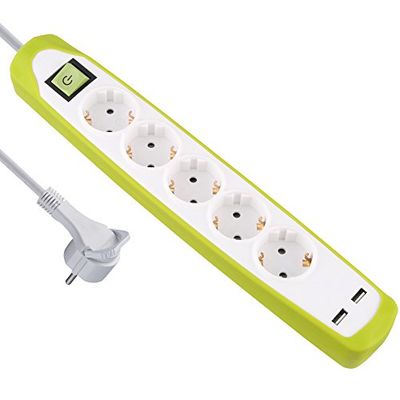 Electraline 62161 Gummy-Line stekkerdoos, 5-voudig met schakelaar + 2 USB 2.1A, kabel 2 m, meervoudige stekkerdoos, tafelcontactdoos, extra platte stekker, groen