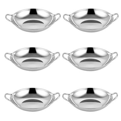 ASelected 6PCS 22cm Balti Serving Dishes,Stainless Steel Karahi Curry Serving Indian Dishes,Silver Indian Curry Serving Karahi Dishes with Handle,Large Batli Bowls for Restaurants,Bars,Indian Cuisine