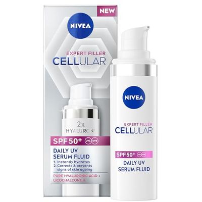 NIVEA Cellular Expert Filler Daily UV Serum Fluid SPF 50+ (30ml), Hydrating Anti-Ageing Cream with Sun Protection and Hyaluronic Acid, Face Sun Cream to Smooth Fine Lines and Wrinkles