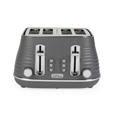 Salter EK5743GRY 4-Slice Wide Slot Toaster – Extra Thick Bread, Bagels, Crumpets, 6 Browning Levels, Removable Crumb Tray, Defrost/Reheat/Cancel, High-Lift Eject, Self-Centring, 1630W, Ripple Grey