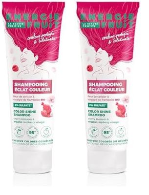 ENERGIE FRUIT | Shampoing sans Sulfate | Fleur de cerisier & vinaigre de framboise BIO| Cheveux Colorés & Méchés | Vegan | 250 ml (Lot de 2)